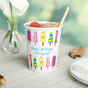 Retro Watercolor Popsicle Personalised Birthday Paper Cups