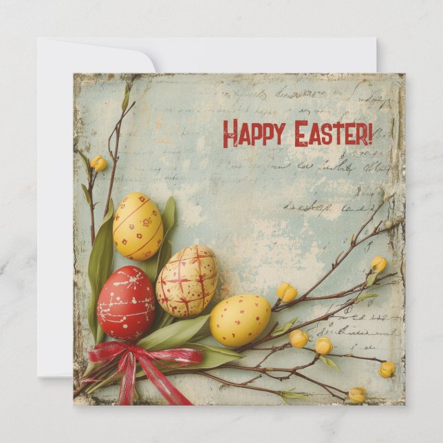 Retro watercolor red and yellow Easer eggs Holiday Card (Front)