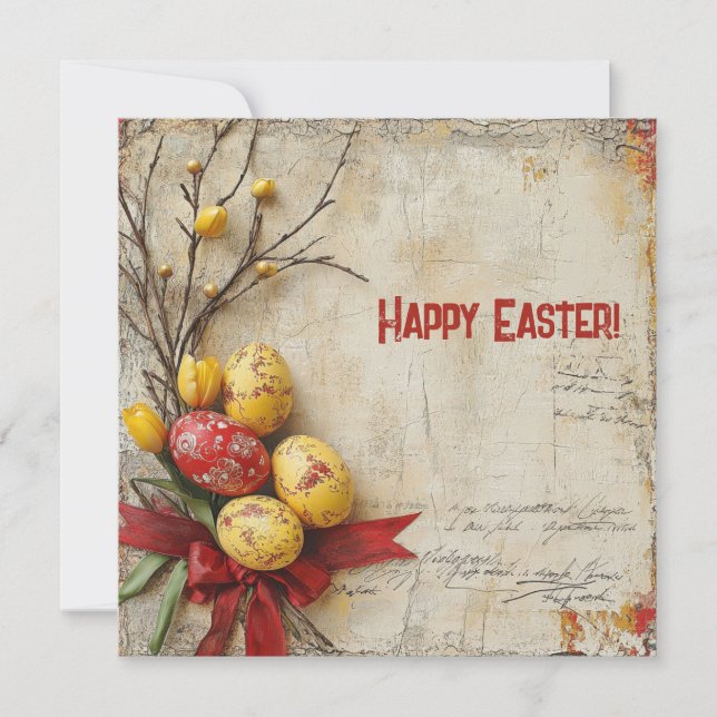 Retro watercolor red and yellow Easer eggs Holiday Card (Front)