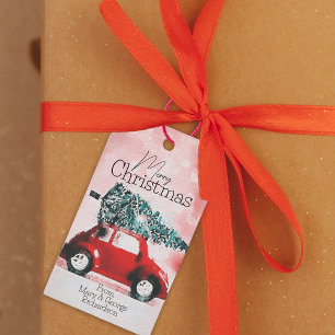 Retro Watercolor Red Car Christmas Wrapping Gift Tags