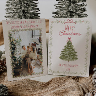 Retro Watercolor Red Green Christmas Bow Tree Holiday Card