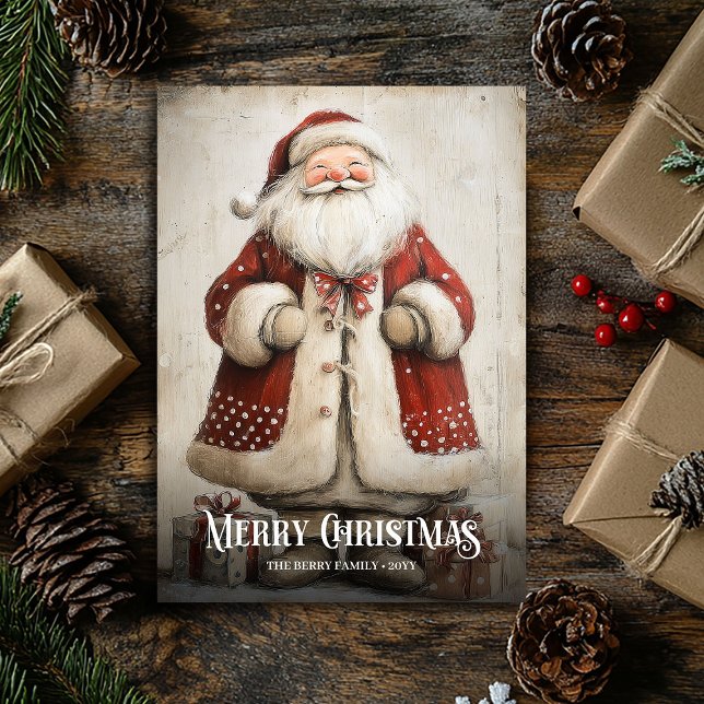 Retro Watercolor Red White Christmas Santa Card (Retro Watercolor Red White Christmas Wreath Card)