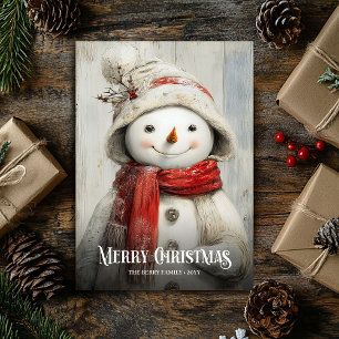 Retro watercolor red white Christmas snowman card