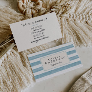 Retro Watercolor Sky Blue Stripes Trendy Boho Business Card
