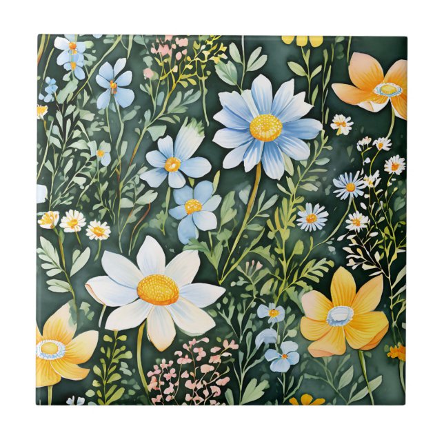 Retro Watercolor Wildflowers Seamless Pattern Ceramic Tile (Front)