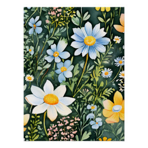 Retro Watercolor Wildflowers Seamless Pattern Poster
