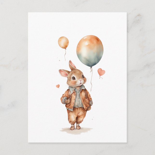 Retro watercolour Little bunny boy with balloons  Postcard (Front)