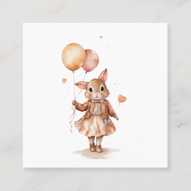 Retro watercolour Little bunny girl with balloons  Square Business Card (Front)