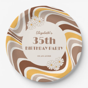 Retro Wave Artistic Flower Arch Brown Birthday Paper Plate