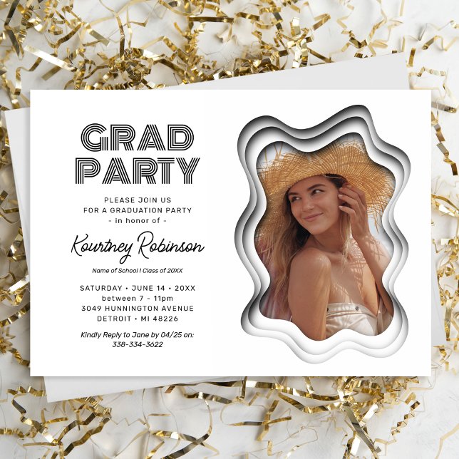 Retro Wave Black White Photo Graduation Party Invitation (Creator Uploaded)