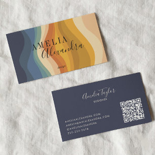 Retro Wave Boho Earth Tone Name QR Navy Designer Business Card