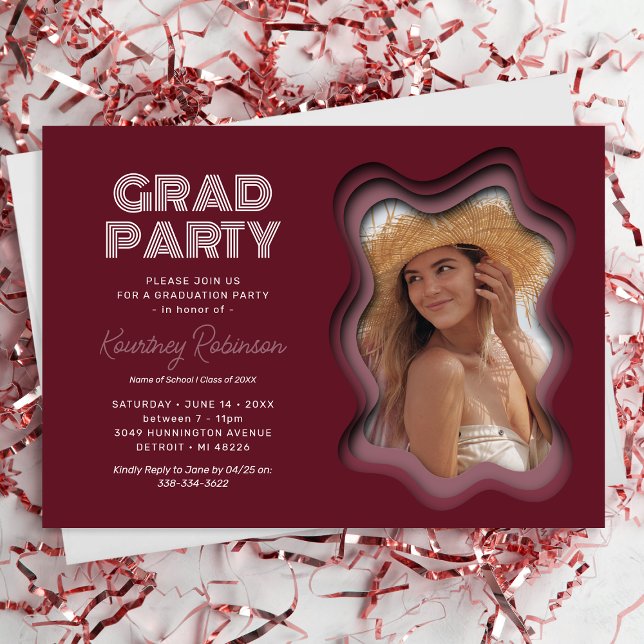 Retro Wave Burgundy Photo Graduation Party Invitation (Creator Uploaded)