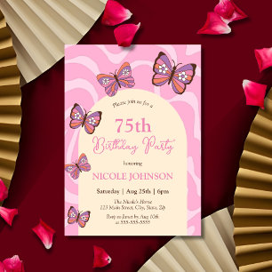 Retro Wave Butterfly Peach Pink Birthday Invitation