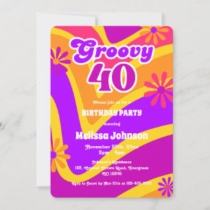 Retro Wave Daisies Groovy 40th Orange Birthday Invitation