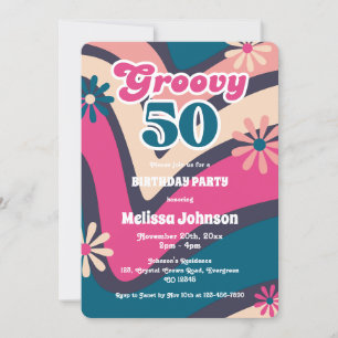 Retro Wave Daisies Groovy 50th Bubblegum Birthday Invitation