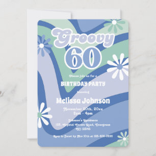 Retro Wave Daisies Groovy 60th Blue Birthday Invitation