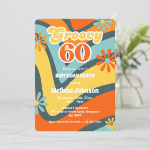 Retro Wave Daisies Groovy 60th Green Birthday Invitation