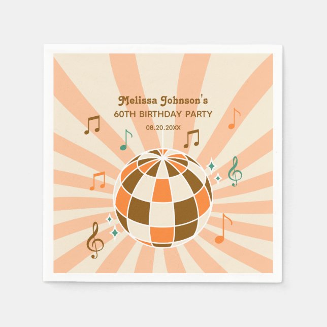 Retro Wave Disco Ball Musical Orange Birthday Napkin (Front)