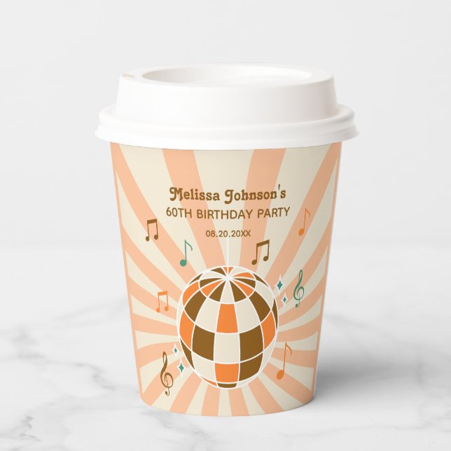 Retro Wave Disco Ball Musical Orange Birthday Paper Cups (Back)