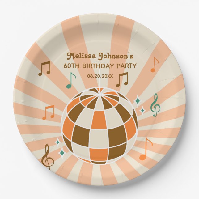 Retro Wave Disco Ball Musical Orange Birthday Paper Plate (Front)