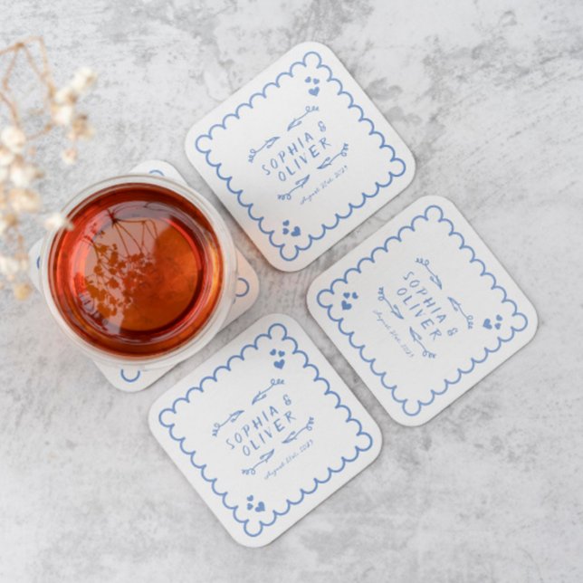 Retro Wave Doodle Illustrated Hand Written Wedding Square Paper Coaster (Creator Uploaded)