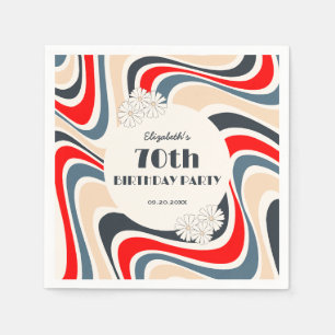 Retro Wave Flower Grey Red Birthday Napkin