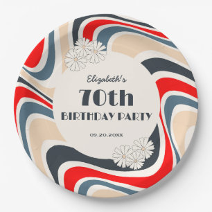 Retro Wave Flower Grey Red Birthday Paper Plate