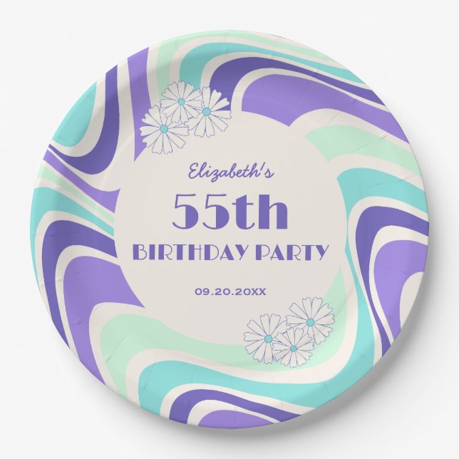 Retro Wave Flower Mint Blue Birthday Paper Plate (Front)
