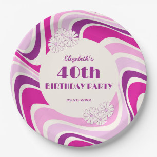 Retro Wave Flower Purple Pink Birthday Paper Plate