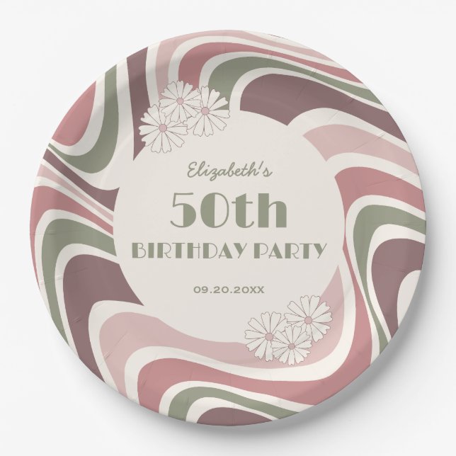 Retro Wave Flower Sage Brown Peach Birthday Paper Plate (Front)
