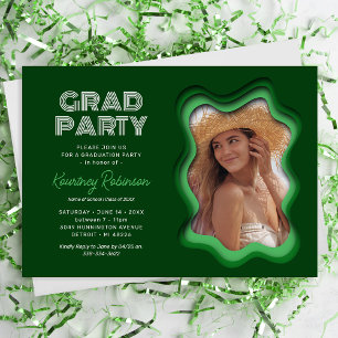 Retro Wave Green Photo Graduation Party Invitation