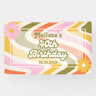 Retro Wave Groovy Flower Green 40th Birthday  Banner