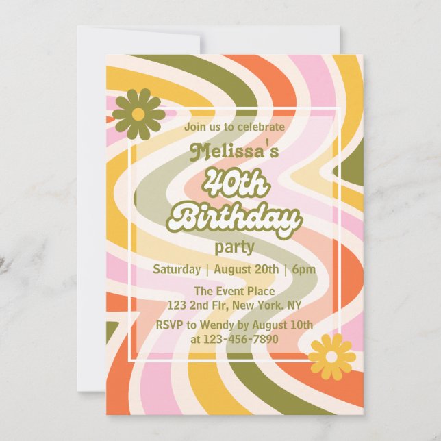 Retro Wave Groovy Flower Green 40th Birthday  Invitation (Front)