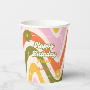 Retro Wave Groovy Flower Green 40th Birthday  Paper Cups