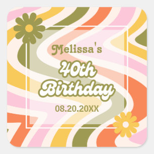 Retro Wave Groovy Flower Green 40th Birthday  Square Sticker
