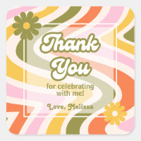 Retro Wave Groovy Flower Green Birthday Thank You