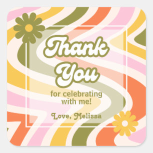 Retro Wave Groovy Flower Green Birthday Thank You Square Sticker