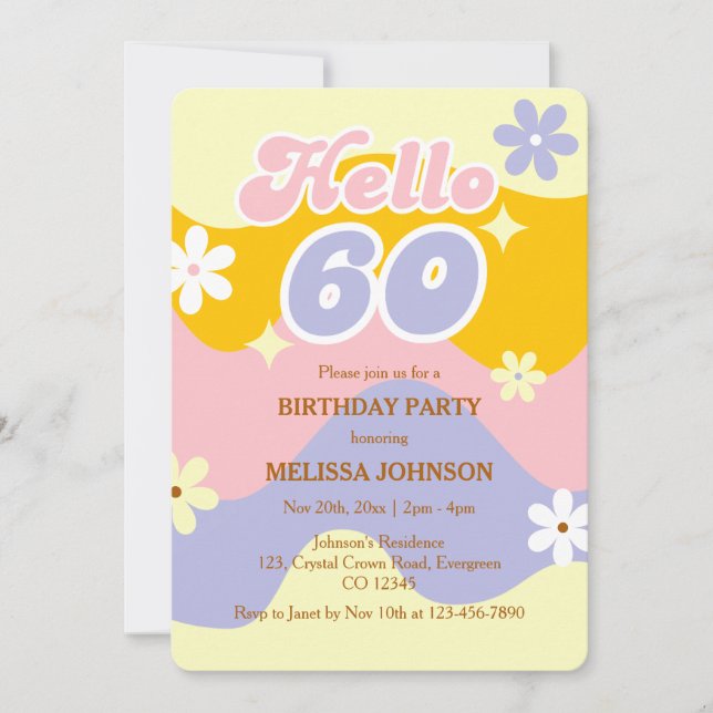 Retro Wave Groovy Flower Hello 60th Birthday  Invitation (Front)