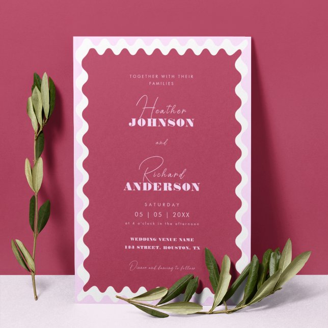 Retro Wave Magenta Pink Modern Script Bold Wedding Invitation (Creator Uploaded)