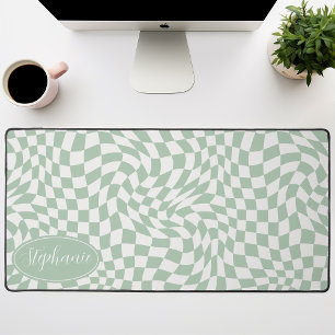  Retro Wave: Modern Wavy Mint Green Chequerboard Desk Mat