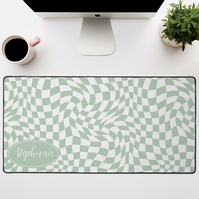  Retro Wave: Modern Wavy Mint Green Chequerboard Desk Mat (Creator Uploaded)