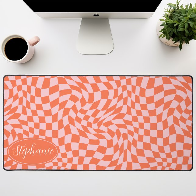  Retro Wave: Modern Wavy Orange Pink Chequerboard Desk Mat (Creator Uploaded)