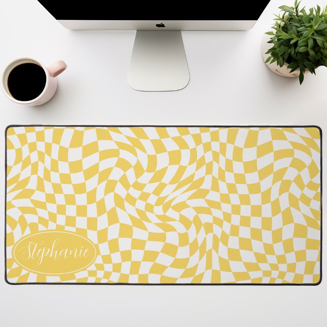  Retro Wave: Modern Wavy Yellow Chequerboard Desk Mat (Creator Uploaded)