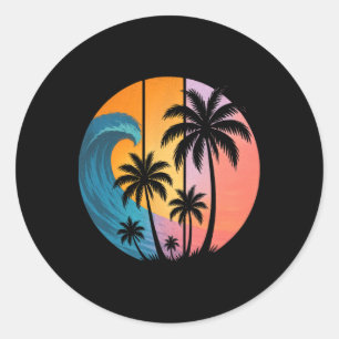 Retro Wave Palm Trees - Beach Surfing Tropical Oce Classic Round Sticker