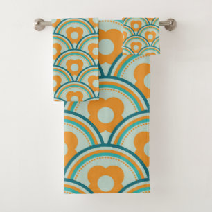 Retro Waves and Flowers Aqua, Teal, Orange Bath Towel Set
