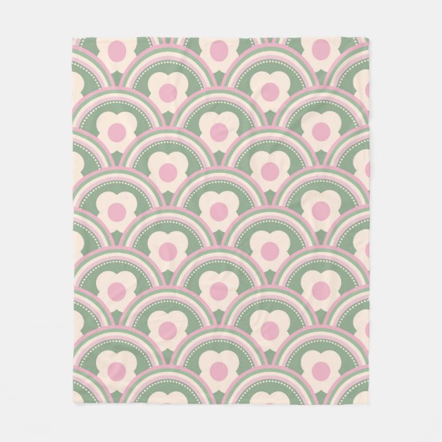 Retro Waves and Flowers Pink and Green Fleece Blanket (Front)