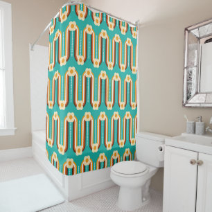 Retro Waves and Flowers, Teal, Orange, Chocolate Shower Curtain