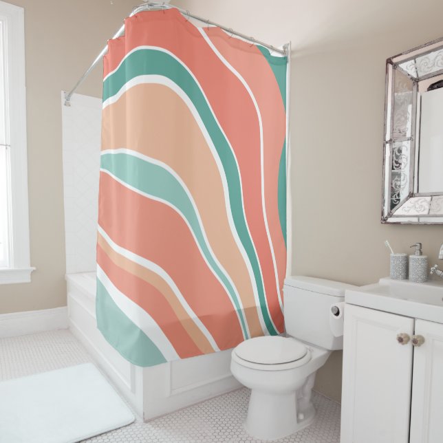 Retro Waves - Orange and Green Shower Curtain (In Situ)