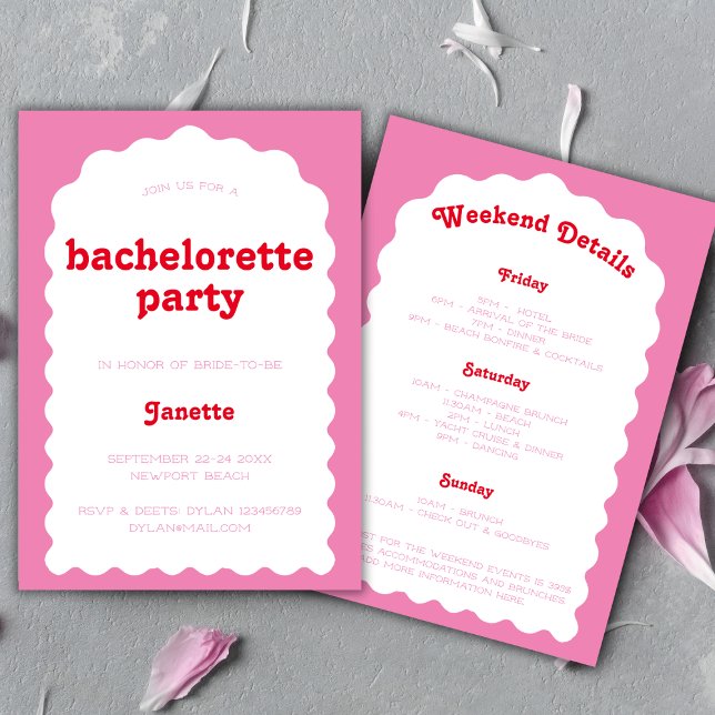 Retro Wavy Arch Pink And Red Bachelorette Weekend Invitation (Retro Wavy Arch Pink And Red Bachelorette Weekend Invitation)