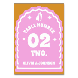 Retro Wavy Arch Pink & Yellow Couples Photo Table Number
